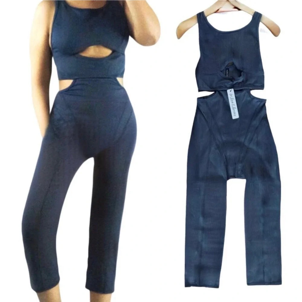 NEW For Love and Lemons Women Medium Blue Chloe Ribbed Athletic Bodysuit
